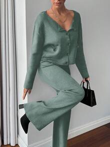 EURMUSE Damen Einfarbiger Langarm Einzelknopf Gestrickter Cardigan und Gestrickte Hose Lässiger 2 Stücke Set, Herbst/Winter - Minzgrün - Übersicht 4