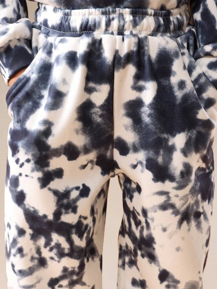 SUMWON 超大码男童扎染连帽衫运动裤套装，滑板熊印花图案，休闲服饰套装 - 黑色 - 查看 6