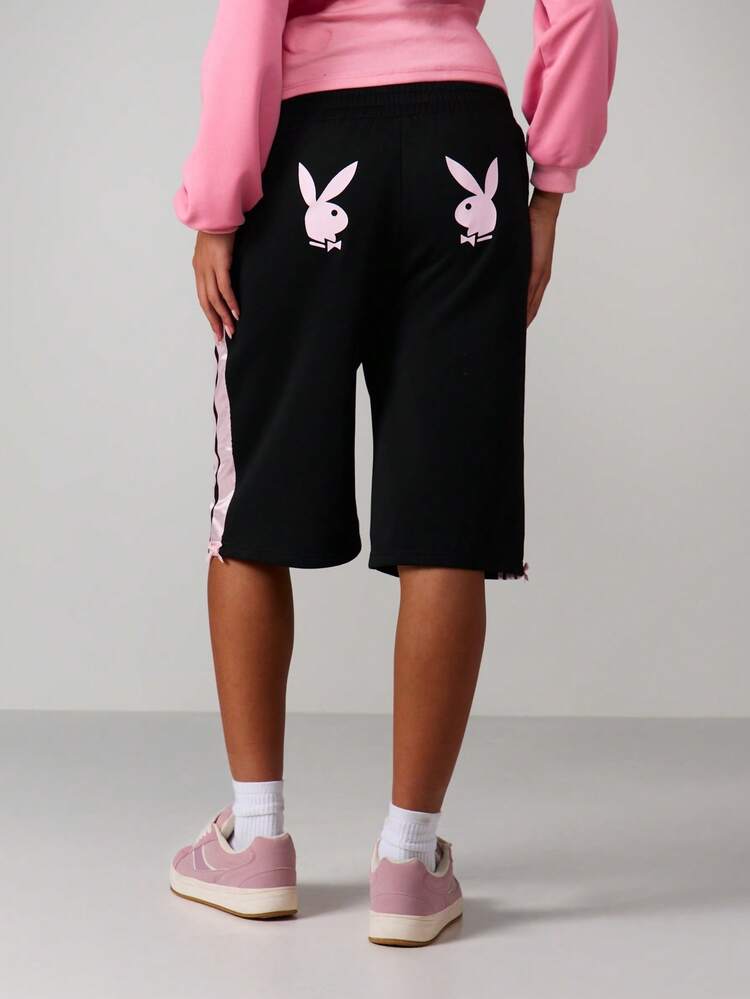 Missguided x Playboy Logo Basketball Shorts With Side Stripes And Bunny Graphics