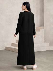 Graceveil 女士休闲纹理面料圆领宽松长款卫衣，绿色，秋冬 - 黑色 - 查看 2