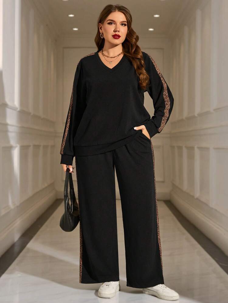 EMERY ROSE مجموعة قطعتين من البلوزة والبنطلون ذات الجيوب بتصميم بقع نمر أنيق وكاجوال للسيدات البدينات، مناسبة للخريف والشتاء - الأسود - مشاهدة 4