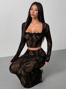SHEIN PETITE 女款優雅派對蕾絲長袖黑色花卉上衣與裙子套裝，秋季魚骨方領胸墊緊身舞會禮服嘉年華裝扮，適合嬌小女性 - 黑色 - 查看 7