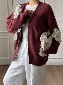 DAZY Women's Elegant Contrast Color Floral Cardigan, Autumn - Burgundy - View 4