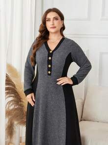 Lacomfia Plus Size Color Block Long Sleeve Knit Casual Comfortable Long Ribbed Sweater Dress Fall - Dark Grey - View 5