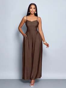 SOLERSUN 女士垂褶前襟垂褶领系带露背阔腿吊带连体裤，适合日常穿着和度假 - 咖啡棕 - 查看 5