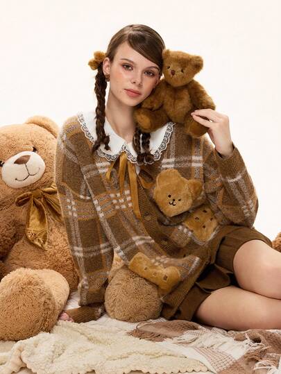 Kawaii Women's Casual Commuting V-Neck Loose Cardigan With Cute Cartoon Bear & Cookie Graphic, Patch Pattern, Autumn/Winter