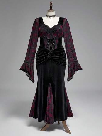 Goth فستان سهرة أنيق للمرأة ذات الحجم الكبير، بتصميم جوتيك فينتاج باللونين الأحمر والأسود من الفلفت، مزين بياقة مكسرة وذيل سمكة، مناسب للحفلات الأنيقة في فصلي الخريف والشتاء