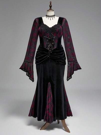 Goth Plus Size Women Gothic Vintage Red & Black Velvet Formal Gown, Ruffle Collar Embellished Dress, Mermaid Hem, Elegant Party Dress, Autumn/Winter
