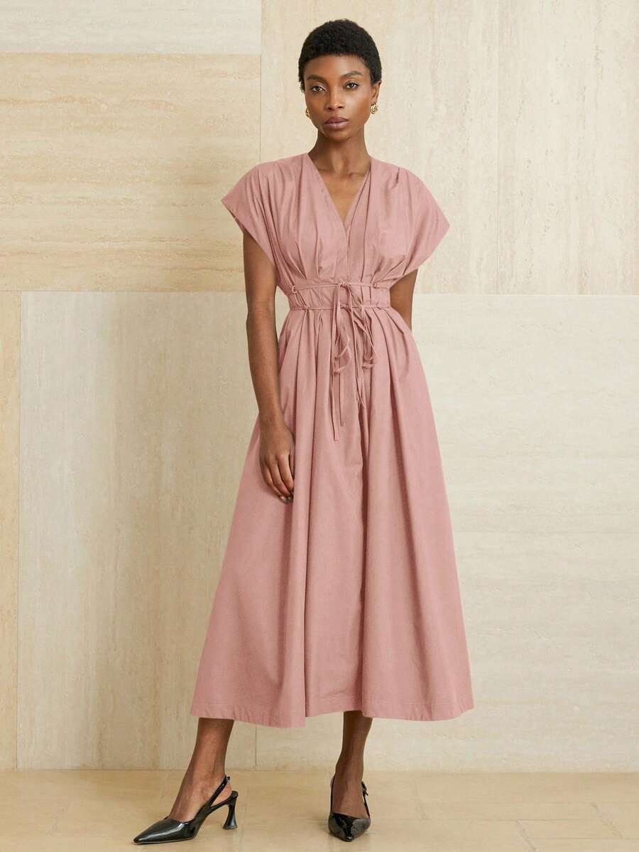 Aveloria Modichic Đầm suông dáng rộng thanh lịch, có dây thắt eo, viền xòe cho nữ - Hồng - Xem 1