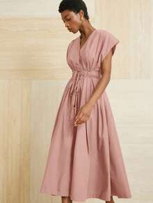 Aveloria Modichic Đầm suông dáng rộng thanh lịch, có dây thắt eo, viền xòe cho nữ - Hồng - Xem 6