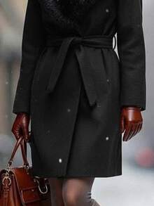 Balvessa Fuzzy Panel Belted Overcoat Fall Winter Cloth For Women - Black - View 3