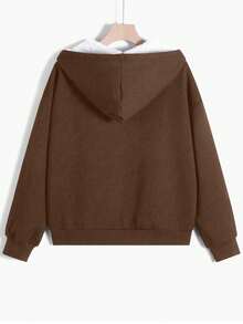 SHEIN EZwear 女式纯色前拉链长袖连帽口袋休闲运动衫，秋冬长袖上衣 - 咖啡棕 - 查看 2