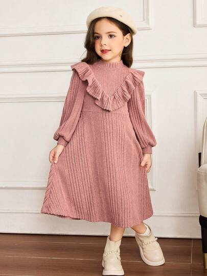 少女领口荷叶边下摆长袖A字连衣裙