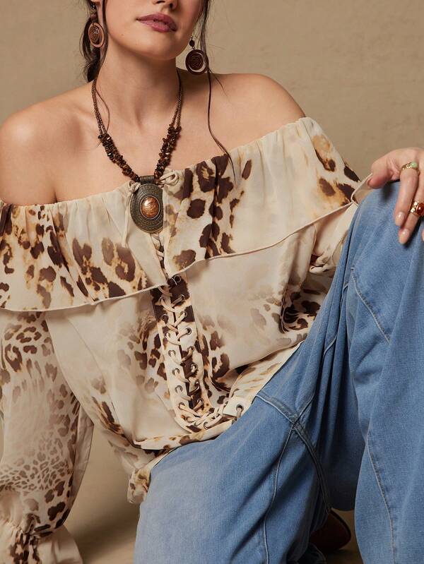 Freevana Plus Size Fashionable Leopard Print Off-Shoulder Criss-Cross Tie Blouse Animal Print Top Western Tops Off Shoulder Shirts Chiffon Shirt