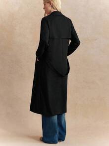 Écloséra French Retro Navy Blue Striped Fitted Lapel Original Fabric Belt Waist Closure Slant Pockets Women's Autumn/Winter Long Sleeve Trench Coat With Contrasting Butterfly Print Lining - Black - View 2