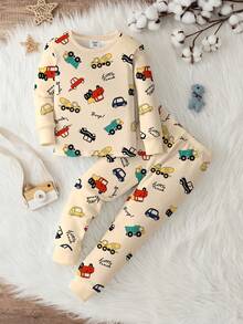 SHEIN Baby Jungen Lässig Minimalist Mode Klassisch Cool Niedlich Baufahrzeug, Auto, Transport Muster Muster Eng anliegende Crew Neck Bequeme Lange Hose Pyjamas, Geeignet für Herbst/Winter