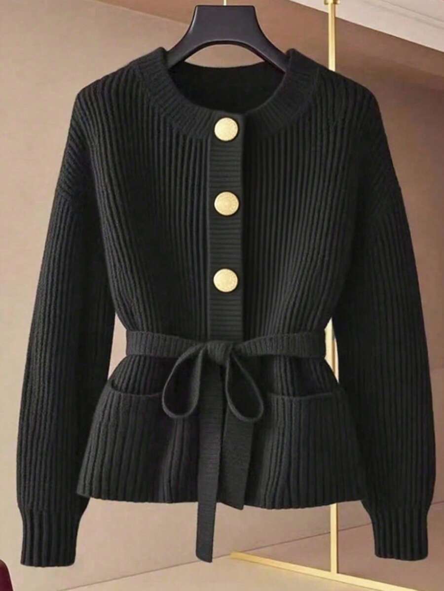 SHEIN Frenchy Women's Casual Long Sleeve Single-Breasted Knitted Cardigan, Autumn/Winter,Perfect For Everyday Wear,Thanksgiving For Women,Winter For Women,New Year Women's,Stylish Collection,Holiday Women;,French-Style Casual Black Sweater With Round Neck And Metal Button Front, French Style, Breakfast For Women, Black Cardigan, Bow;