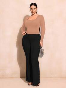 SHEIN Tall CURVE Plus Size Casual Solid Scoop Neck Bodysuit - Chocolate Brown - View 5