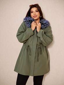 Elaquor Plus Size Winter Thickened Waist Drawstring Fur Collar Military Green Women Parka Coat - Army Green - View 5
