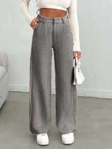 SHEIN Cottnline Women Solid Color High Waist Wide Leg Pants - Brown - View 4