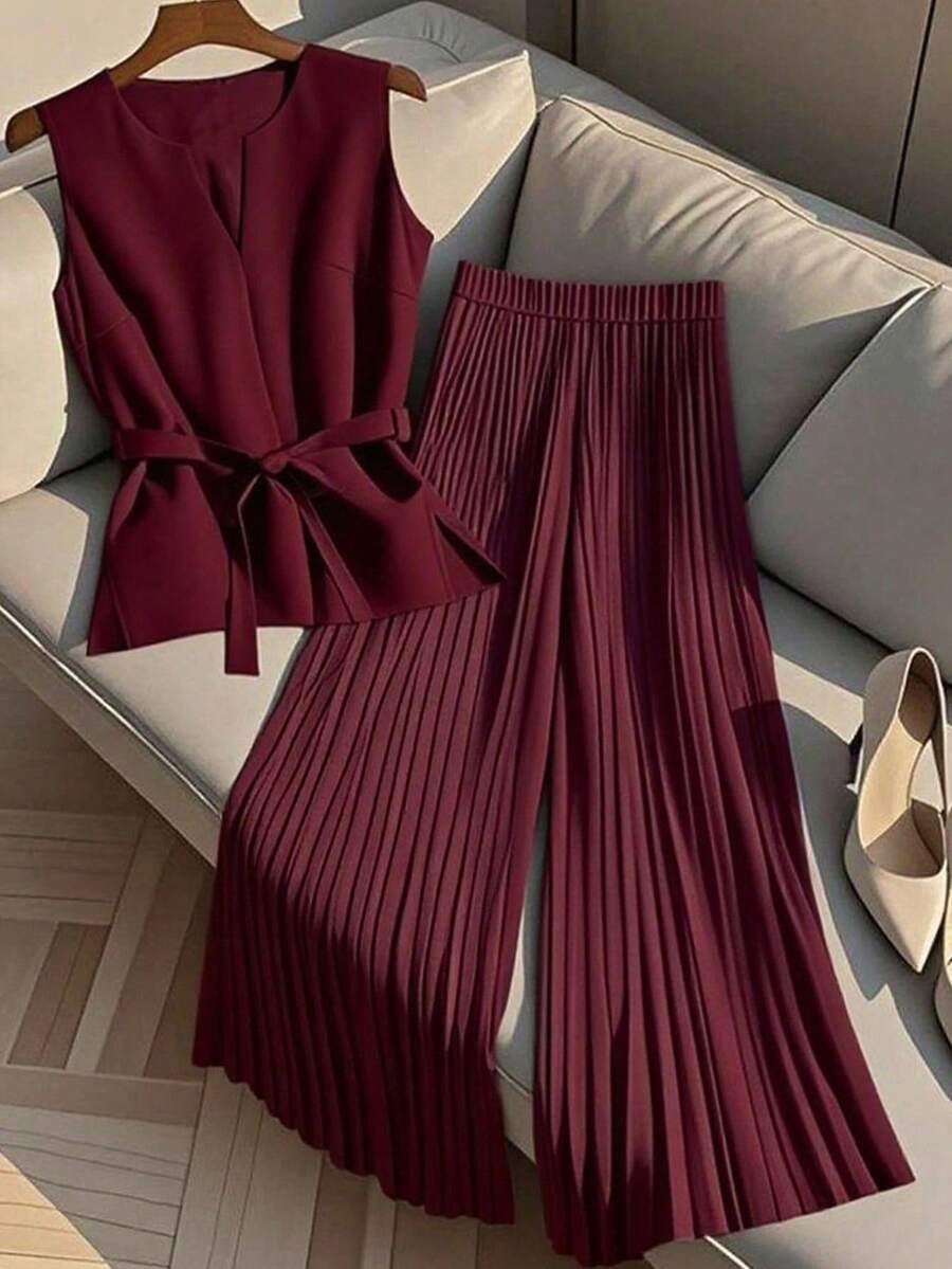 Franclia Women Casual Sleeveless V-Neck Top & Pleated Elastic Waist Straight Leg Pants Set