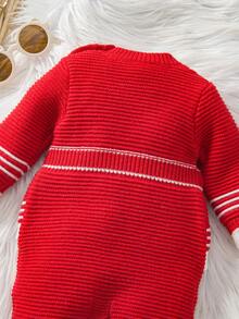 SHEIN Playful Pals 女婴蝴蝶结荷叶边针织连体衣，柔软舒适，适合日常穿着、外出、旅行、度假、居家、托儿所和玩耍等场合。 - 紅色 - 查看 6