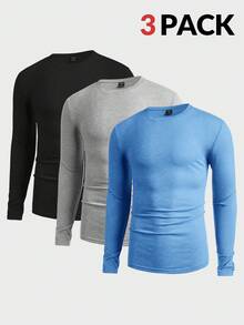 Manfinity VCAY 3 件男士圆领长袖简约针织 T 恤，休闲日常穿着 - 黑色 - 查看 1