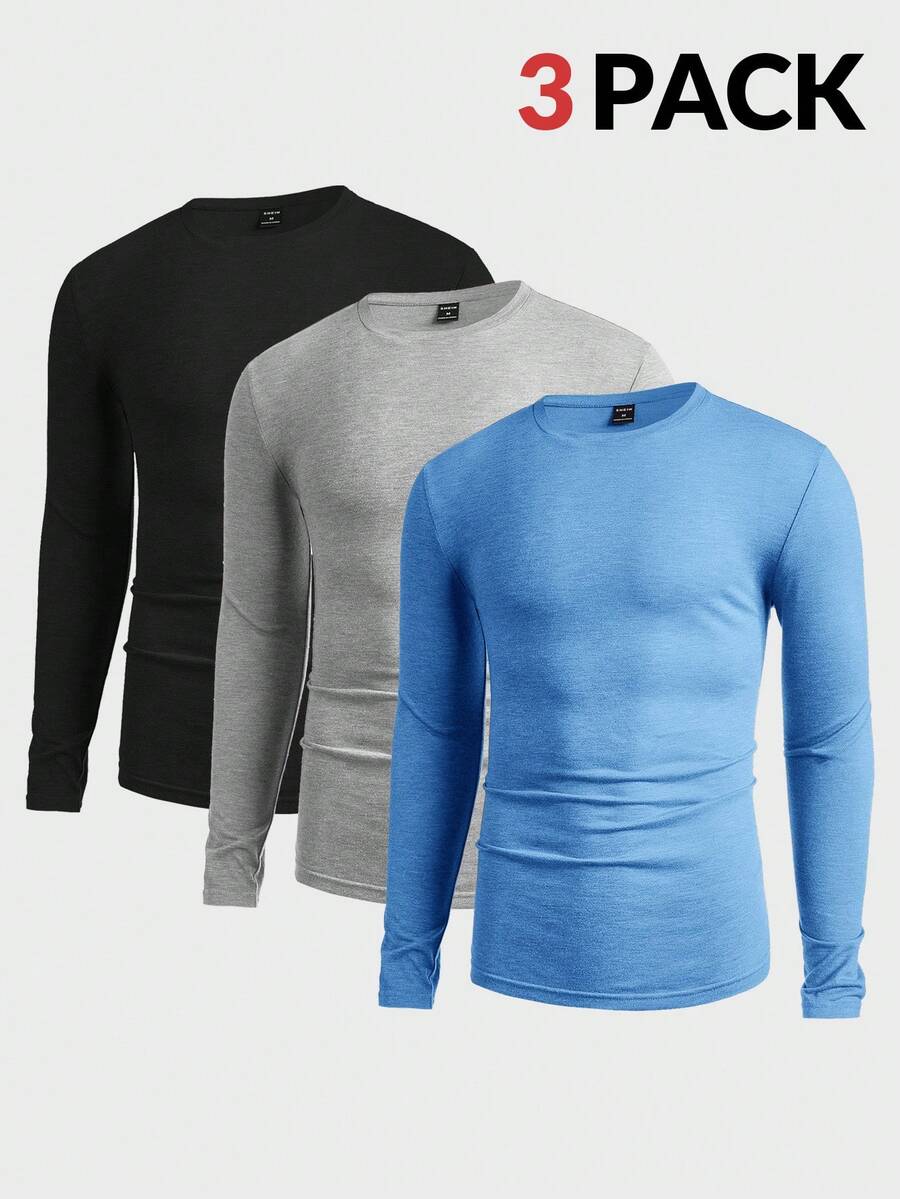 Manfinity VCAY 3 件男士圆领长袖简约针织 T 恤，休闲日常穿着 - 黑色 - 查看 1
