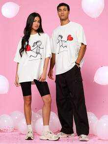 Manfinity VCAY 2pcs/Set Couple's Casual Loose Fit Cartoon Character & Heart Print Short Sleeve T-Shirt - White - View 3