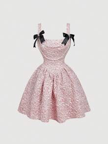 SHEIN MOD Vestido Mini com Alça de Corrente de Pérolas e Laço, Moda Feminina - Rosa chiclete - Visão 2