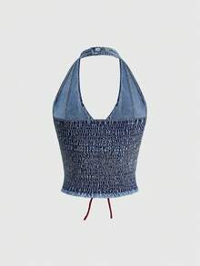 ROMWE Avant Women's Y2K Retro Jersey Sports Ballet Style Graphic Logo Embroidered Drawstring Low Waist Sexy Cropped Denim Top - Baby Blue - View 4