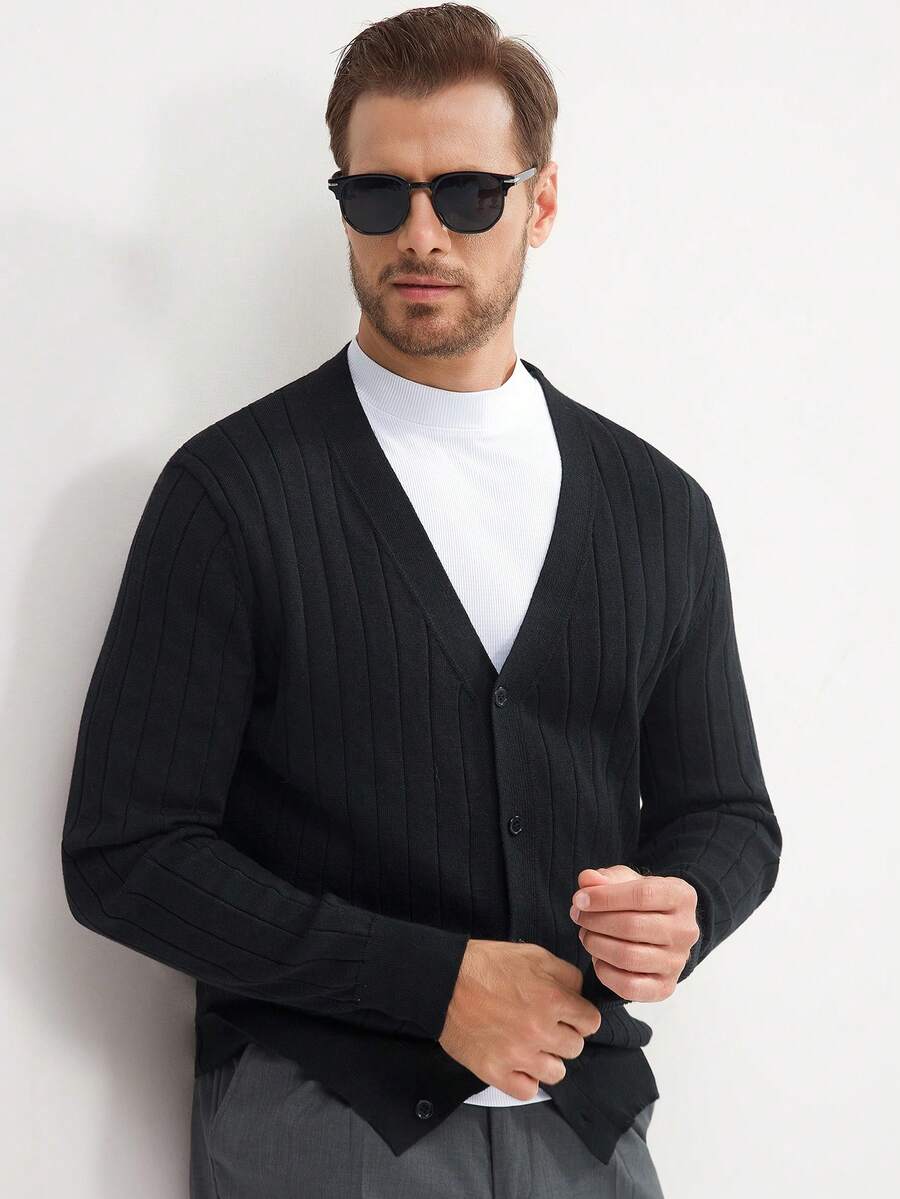 Manfinity Mode Herren einfarbiger minimalistischer Lässig Cardigan, Herbst/Winter, Langarm Oberteil - Schwarz - Übersicht 1