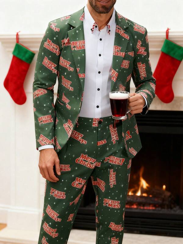 Manfinity Mode Men's Christmas Themed Letter Print Long Sleeve Jacket And Pocket Pants Suit Set Men Christmas Outfit Men Birthday Outfit Old Money Men Outfit Prom Suit Men Party Outfit Daily Leisure, Weekend Trips, Outdoor Activities, Travel Expeditions, Relaxed Work Environments Or Semi-Formal Occasions,Boyfriend/Husband Gift, Anniversary Gift