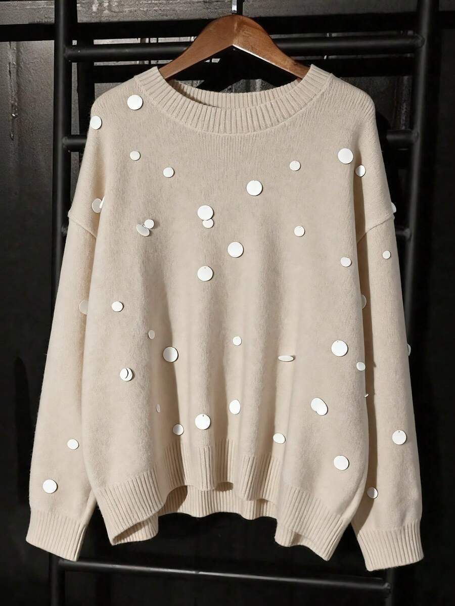 Franclia Áo len trễ vai đính sequin thường ngày dành cho nữ, Thu/Đông - Màu be - Xem 1