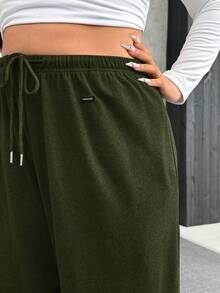 SHEIN EZwear 加大码橄榄绿抓绒保暖舒适休闲抽绳宽松裤 - 軍綠色 - 查看 6
