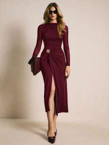 Poéselle 女士纯色网纱拼接长袖腰部金属装饰侧开衩下摆优雅连衣裙 - 酒紅色 - 查看 5