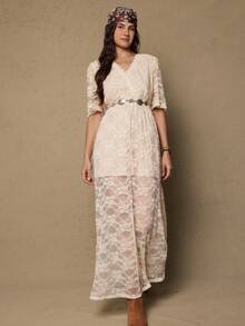 Freevana Plus Size Solid Color Criss-Cross Wrap Front Midi Sleeve Split Hem Lace Dress Maxi Dress Lace Dress For Women Western - Apricot - View 3