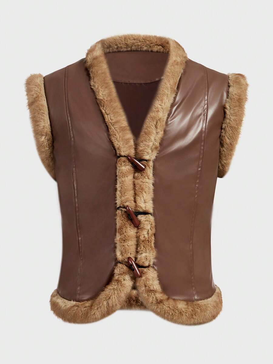 FeverCity Men's Casual Faux Fur Sleeveless Vest, Winter - Brown - View 1
