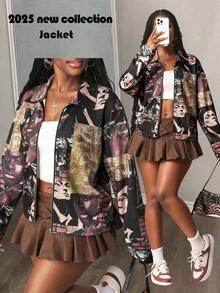 Slaydiva 2025 Winter New Arrivals - Global Carnival Season: Christmas, New Year, Valentine's Day, Parties, Evenings, Dates, Gatherings, Birthday Parties, Preppy Style, Student Wear, Everyday Outings, Basic And Versatile, Casual, Cruise Travel, Influencer Hot Items, Elegant, Commuter, Business Casual, Simple, Street Style, Sexy Club, Y2K, Punk Racing, Cool Motorcycle Style For Girls, Collared Long Sleeve, Abstract Portrait Print, Winter Coat, Christmas Coat, New Year Coat, Brown Coat, Elegant Coat, Casual Coat, Women's Coat