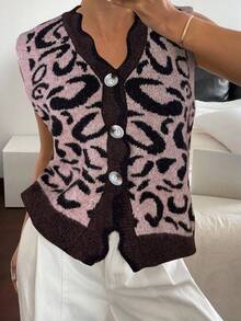 Siren Gaze Women's Casual Leopard Jacquard Knit Sweater Vest In Fall/Winter - Coffee Brown - View 6