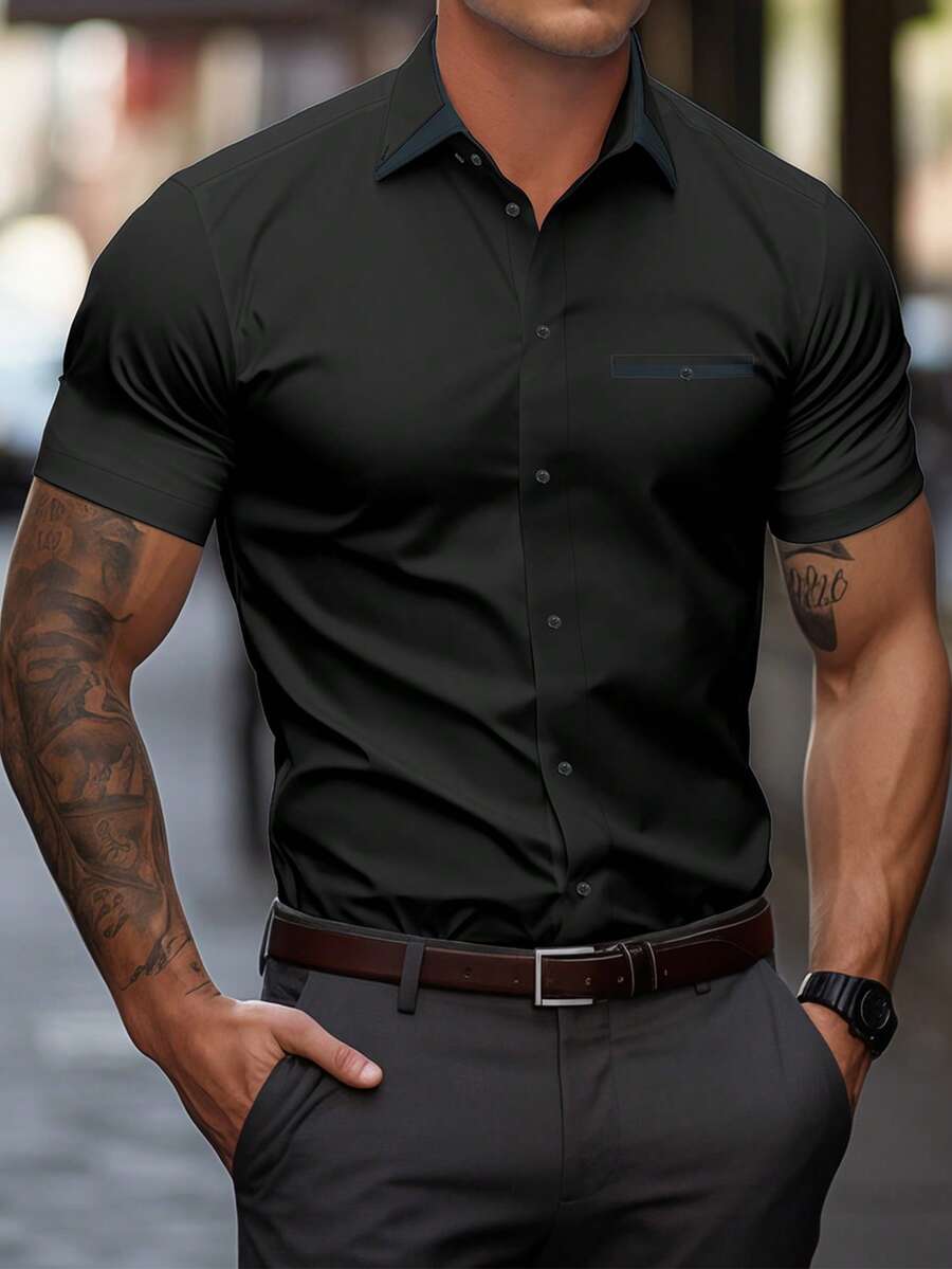 Manfinity Mode Men's Summer Solid Color Short Sleeve Casual Shirt, Fall - Black - View 1