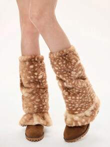 ROMWE Fairycore 1 Pair Cute Minimalist Vintage Casual High-Quality High-Fashion Beige Fuzzy Polka Dot Deer Print Animal Pattern Warm Lace Leg Warmers Loose Leg Warmers Set, Suitable For Women/Girls Daily Wear, Holiday Gift - Camel - View 3