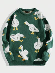 EASEVO Plus Size Men's Casual Duck Pattern Long Sleeve Sweater, For Winter - Green - View 1