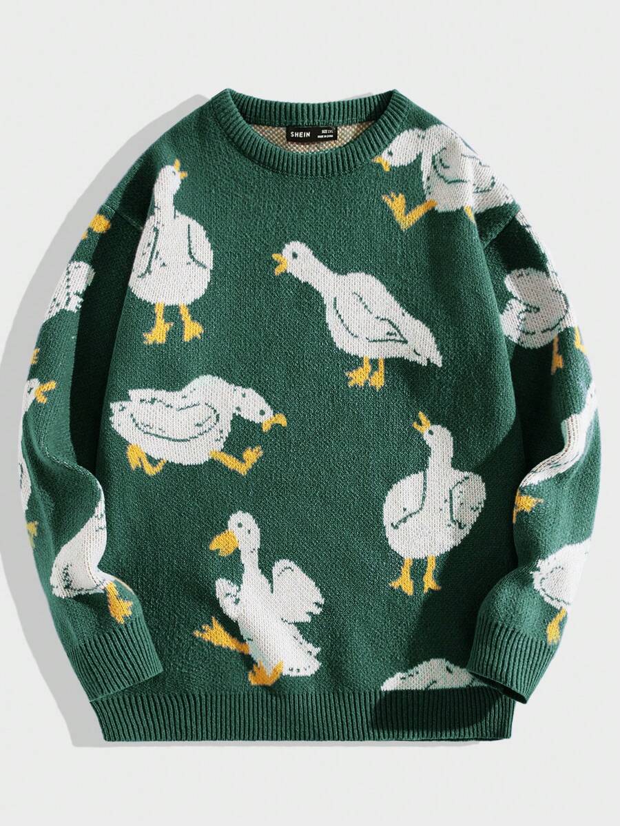 EASEVO Plus Size Men's Casual Duck Pattern Long Sleeve Sweater, For Winter - Green - View 1