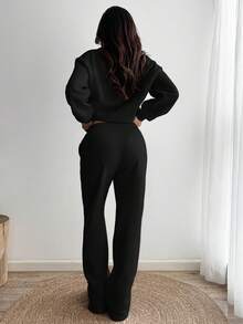 SHEIN Unity Casual Solid Color Fleece Round Neck Sweatshirt And Sweatpants Set, Suitable For Autumn And Winter - Black - View 2