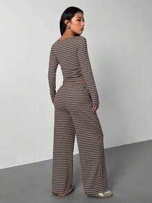 SHEIN PETITE Autumn & Winter Women's Knitted Striped Slim Top + Wide Leg Pants Casual & Comfortable 2-Piece Set, Dark Gray - Multicolor - View 2