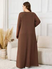 Lacomfia 大码女式休闲宽松针织纹理前开襟长袖连衣裙，适合秋冬季节穿着。 - 棕色 - 查看 2