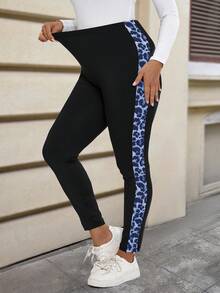 EMERY ROSE Leggings de estampado de leopardo con parches, de estiramiento, de talla grande, de uso casual y diario, para otoño - Azul - Ver 2
