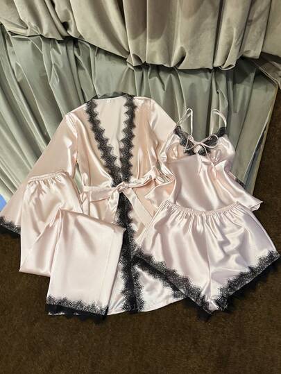 SilkySpell 4pcs Women Sexy Lace Camisole Pajama Set, Lace Trim Shorts, Pants, Elegant Satin Robe, Coffee Color, Fall & Winter Clothes