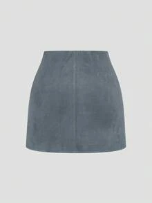 Sweetra 加大码褶皱不对称拉链装饰仿麂皮短裙，简约通勤风格，秋冬 - 霧霾藍 - 查看 2